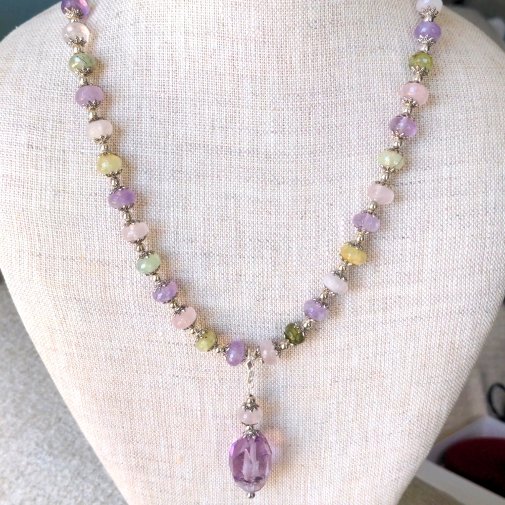 Genuine Gemstone Beaded Necklace, Amethyst Pendant, Silver, Handcrafted, New - Picture 1 of 9
